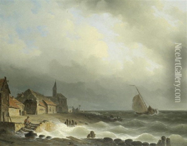 Stormy Coastal Scene Oil Painting - Herman Henry op der Heyde