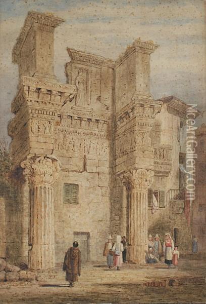 Figures By A Classical Ruin Oil Painting - Samuel Prout