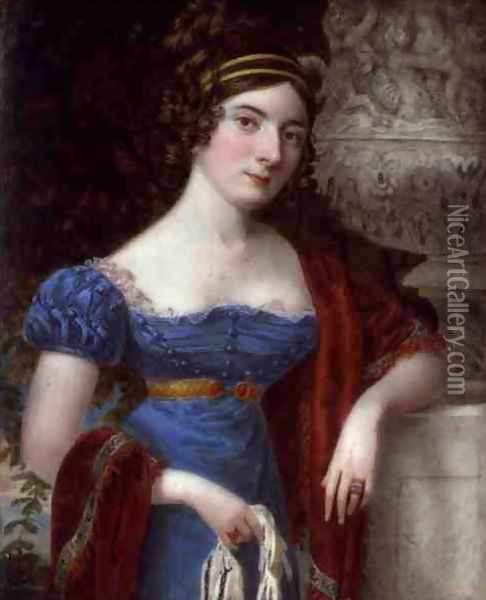 Lady in a Lace Bordered Blue Dress Oil Painting - Lorenzo Thewenti
