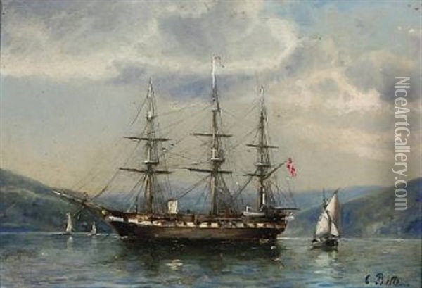 The Danish Frigate Jylland Anchored In A Bay Oil Painting - Carl Ludwig Bille