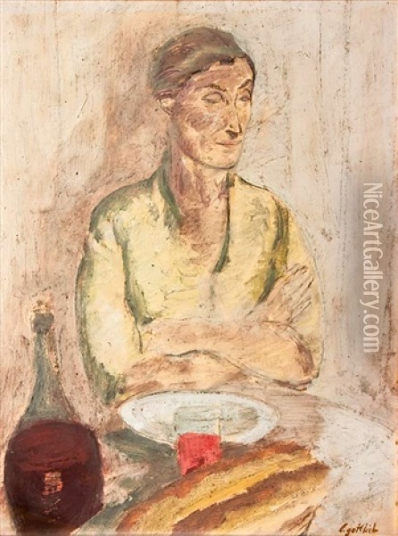 Woman By Table (double Sided Painting) Oil Painting - Leopold Gottlieb