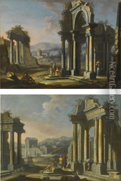 Architectural Capricci With Figures Among Classical Ruins: A Pair Oil Painting - Giuseppe Zocchi