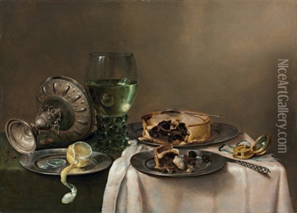 A Pronk Still-life, With A Roemer, An Upturned Silver Tazza, A Half-peeled Lemon On A Pewter Plate, With A Pie, A Timepiece And A Knife Oil Painting - Willem Claesz Heda