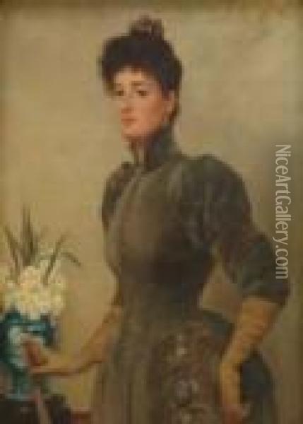 Hall, Portrait Of Alady Standing By A Vase Of Flowers Oil Painting - Bernard Hall