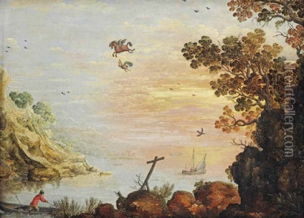 A Mountainous Seascape At Sunset With Bellerophon Falling Off Pegasus' Back, Fishermen In Boats And A Cross In The Foreground Oil Painting - Tobias Verhaecht