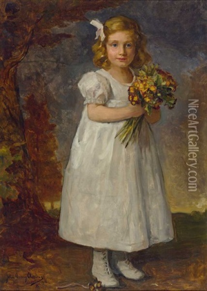 Portrait Eines Reizenden Kleinen Madchens Mit Blumenstraus, Meisterlich Charakterisiert Oil Painting - John Quincy Adams