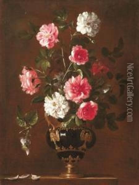 Mazzo Di Rose In Vaso Ad Appliques Bronzee Dorate Su Piano Roccioso Oil Painting - Giovanni Stanchi