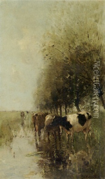 Cows Watering By Willows Oil Painting - Willem Maris