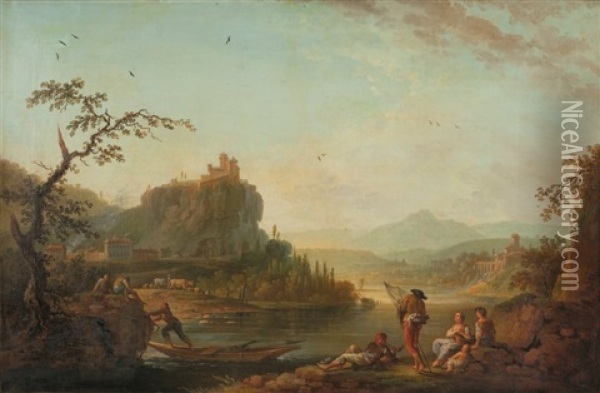 Paysage Traverse Par Une Riviere Avec Pecheurs Et Villageoises Oil Painting - Jean Baptiste Charles Claudot
