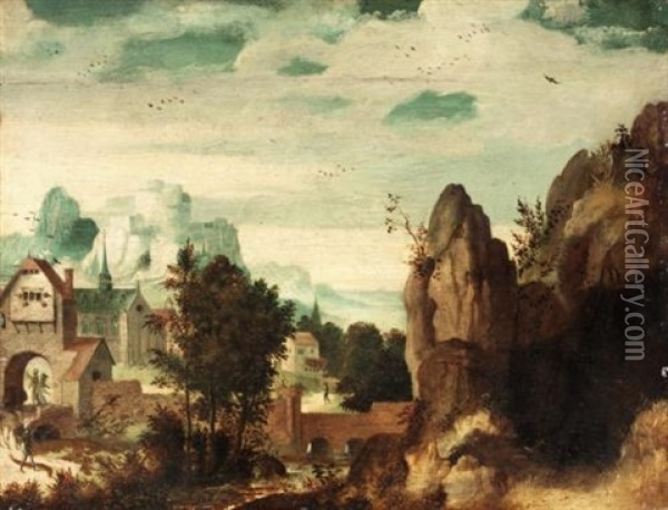 Landscape With A Mountaintop Castle Above A Walled Town Oil Painting - Lucas Gassel