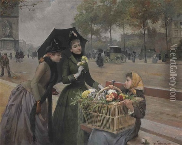 The Little Flower Seller On The Champs-elysees Oil Painting - Louis Marie de Schryver