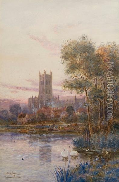 Gloucester Cathedral From The River Oil Painting - Walker Stuart Lloyd