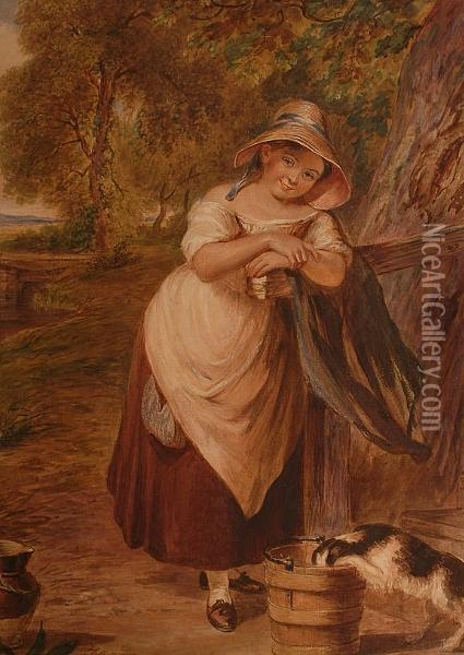A Young Milk Maid And Her Mischievous Companion. Oil Painting - Henry Bryan Ziegler