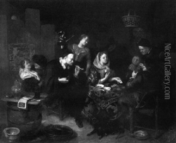 Figures Playing A Cards And Drinking In A Brothel Oil Painting - Richard Brakenburg