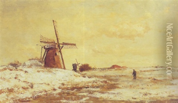 A Mill In A Winter Landscape Oil Painting - Paul Joseph Constantin Gabriel
