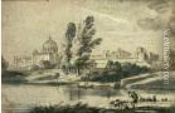 Paysage De Riviere Avec Saint-pierre De Rome A L'arriere Plan Oil Painting - Jean-Baptiste Lallemand