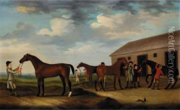 Four Racehorses Outside The Rubbing Down House, Newmarket Oil Painting - J. Francis Sartorius