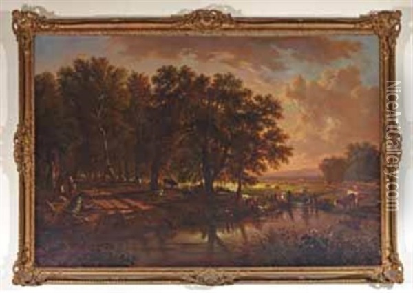 Paysage Aux Lavandieres Oil Painting - Victor de Grailly
