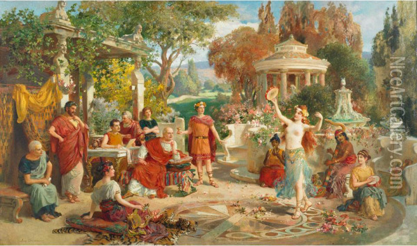 Harem Girls Performing In A Roman Garden Oil Painting - Emanuel Oberhauser