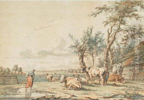 Peasants Milking And Watering In A Farmyard Oil Painting - Janbaptist Ii Kobell