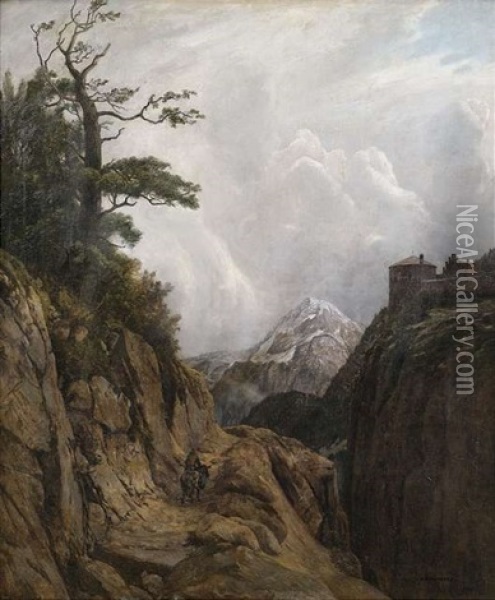 Eselreiter In Hochgebirgslandschaft Oil Painting - August Johann Holmberg
