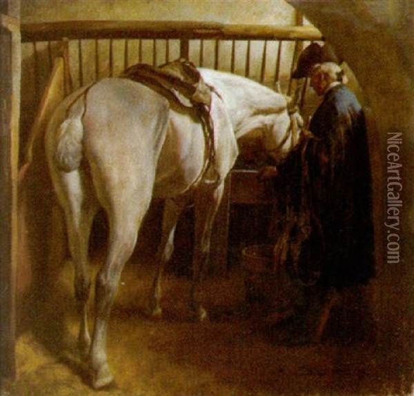 Pferd Und Reiter Im Stall Oil Painting - Alfred von Schroetter