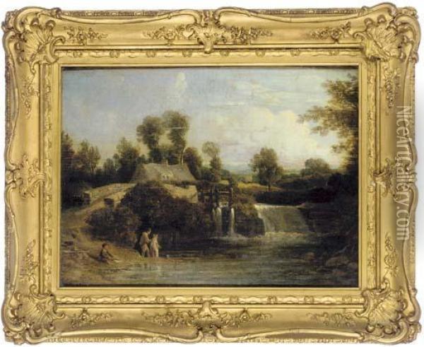 Children Fishing By A Waterfall Oil Painting - Frederick Waters Watts