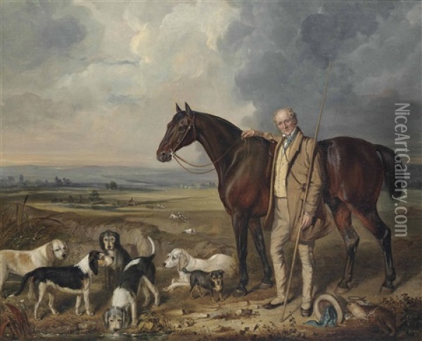 Sir Rowland Hill, Of Hawkstone (1772-1842), With Otter Hounds, A Terrier And His Horse, In An Extensive Landscape Oil Painting - William Collingwood Smith
