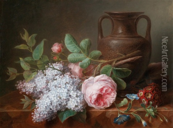 Ein Stillleben Aus Flieder, Rosen Und Veilchen Auf Einer Marmorplatte Oil Painting - Cornelis van Spaendonck