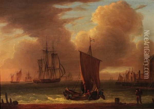 A Dutch Hooker Putting To Sea With An Indiaman And General Shipping Off The Dutch Coast Oil Painting - William Anderson