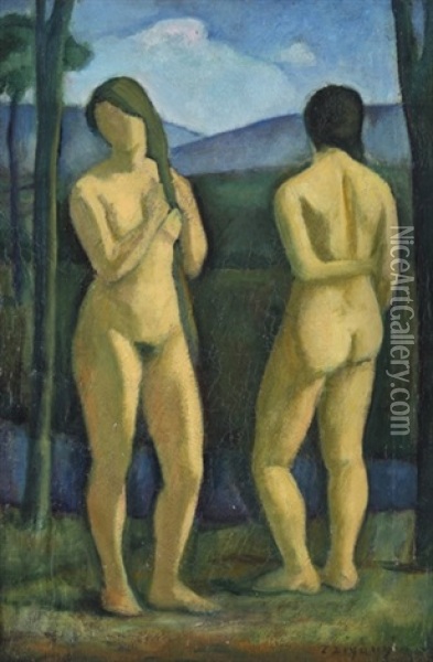 Double Female Nude (bathers) Oil Painting - Dezsoe Czigany