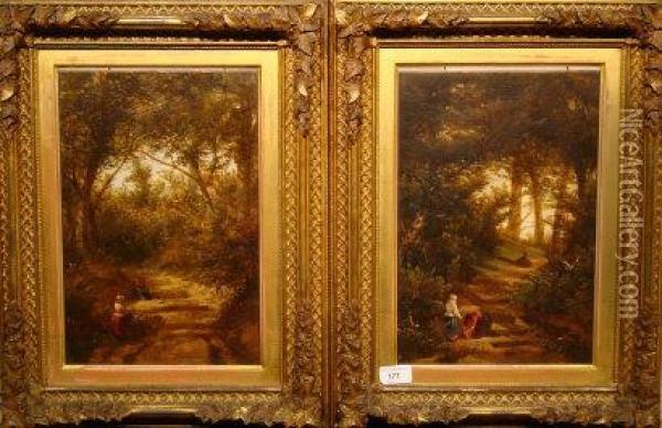 Two Woodland Scenes With Stepped Pathway And Female Figures Oil Painting - William Williams