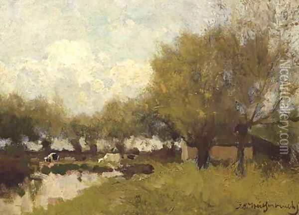 Cows under willows by a pond Oil Painting - Johan Hendrik Weissenbruch