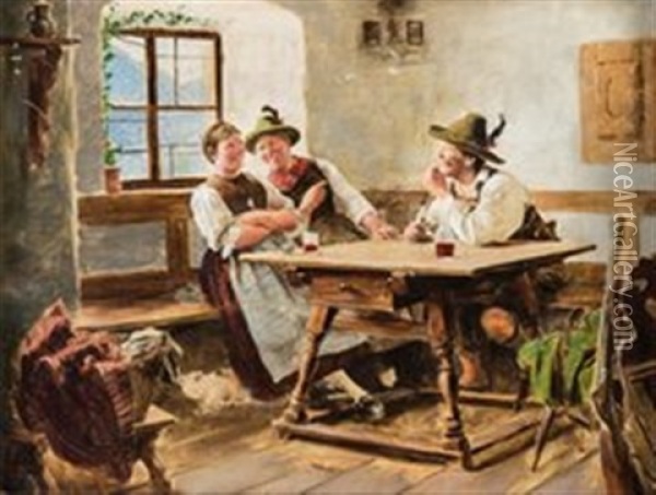Wer's Glaubt. Beim Weintrinken In Der Bauernstube. Oil Painting - Emil Rau