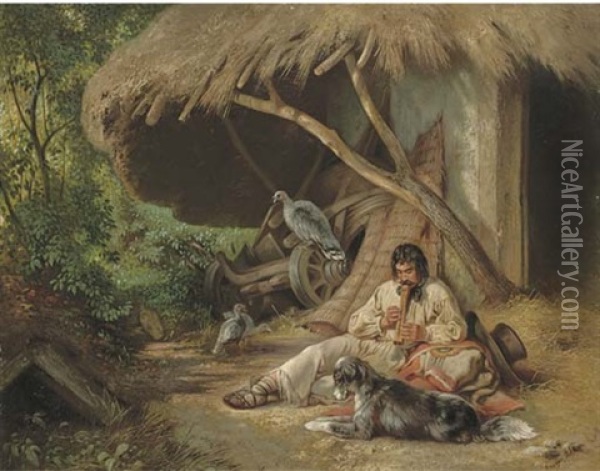 Zigeuneridylle (a Paraguayan Gaucho With His Dog) Oil Painting - Eugen Adam