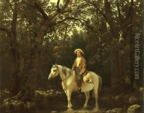 Boy On Horse Fording A Stream Oil Painting - William Tylee Ranney