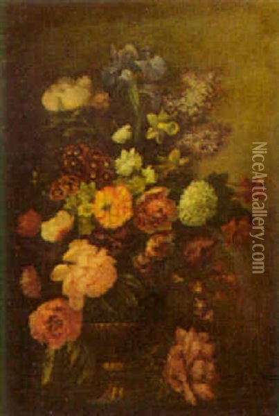 Still Life Of Mixed Flowers Displayed In An Ormulu Mounted Vase Oil Painting - Theodore Casimir Roussel