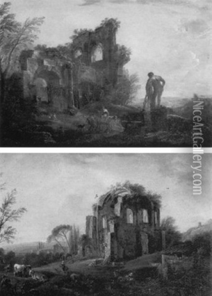 Vue De Ruines Antiques Avec L'hercule Farnese Oil Painting - Jean Baptiste Lallemand