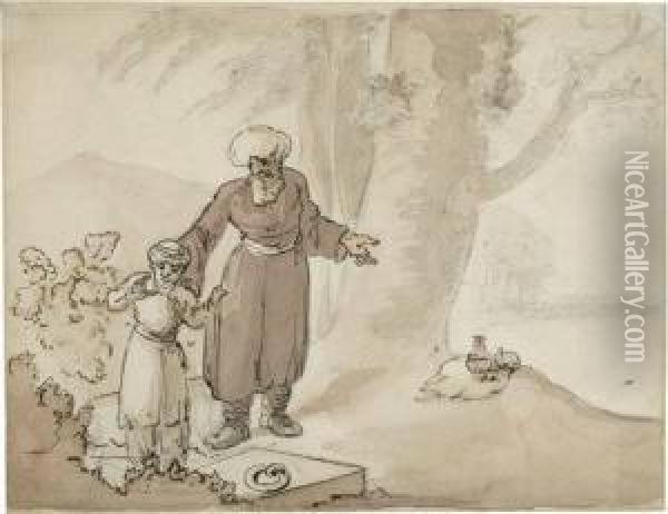 Szene Aus 1001 Nacht: Aladin Mit Dem Flaschengeist Vor Der Schatzhohle Oil Painting - Robert Smirke