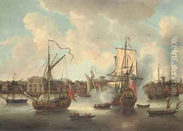 A flagship arriving in the Thames off Greenwich Hospital amidst anchored craft and other shipping on the river Oil Painting - Isaac Sailmaker