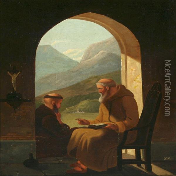 Two Monks In The Window Of A Southern Monastery Oil Painting - Wilhelm Ferdinand Bendz