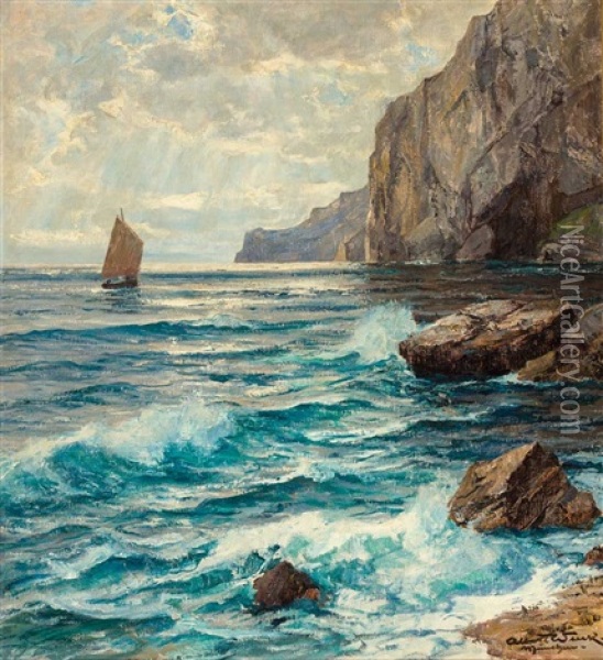 Kustenlandschaft An Der Amalfitana Mit Prachtvollem Lichteinfall Und Segelboot Oil Painting - Albert Wenk