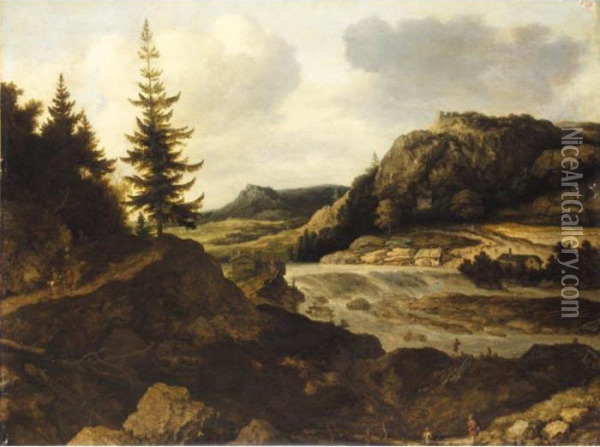 A Mountainous River Landscape 
With Travellers, A Herder And Sheep In The Foreground, A Mill On The Far
 River-bank Oil Painting - Allart Van Everdingen