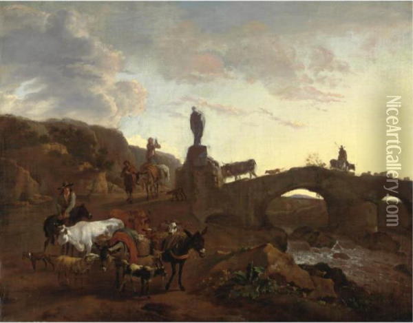 Scena Con Contadini E Viandanti Presso Un Fiume Oil Painting - Nicolaes Berchem