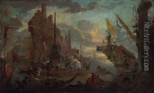 An Oriental Harbour With A Fortress, A Man-o-war, Figures Unloading Cargo, And Other Vessels Beyond Oil Painting - Hendrich van Minderhout
