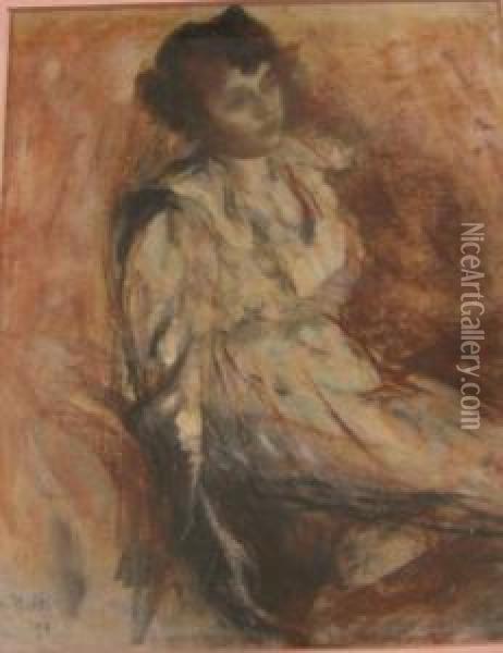 ''giovane Donna Seduta''. Oil Painting - Arturo Rietti