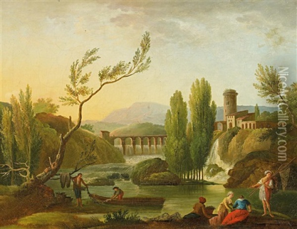 Italienische Flusslandschaft Mit Fischern Am Ufer Oil Painting - Jean Baptiste Lallemand