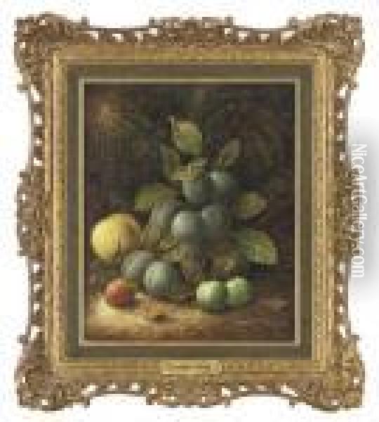 Damsons, Greengages, A Peach And A Strawberry On A Mossy Bank Oil Painting - Oliver Clare