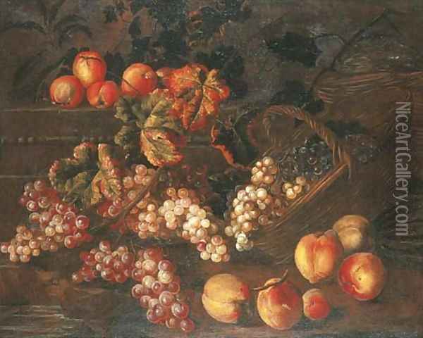 Grapes, peaches and baskets by a stone plinth Oil Painting - Pierre Dupuis