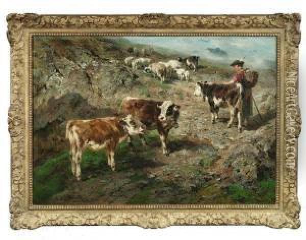 Sennerin Mit Ihrer Herde In Felsiger Gebirgslandschaft Oil Painting - Anton Braith
